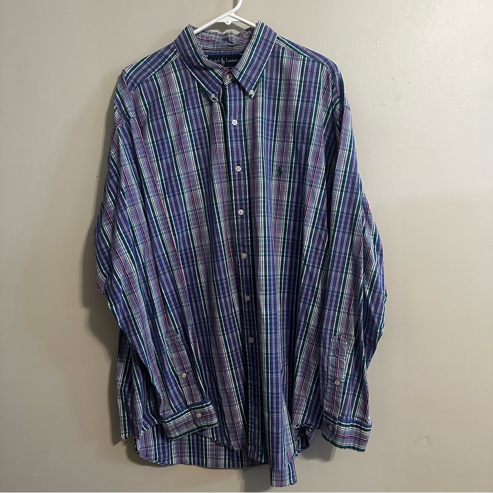 Ralph Lauren Men Button Up Shirt 2XL  XXL Blue Plaid  Blake Two Ply Cotton LS